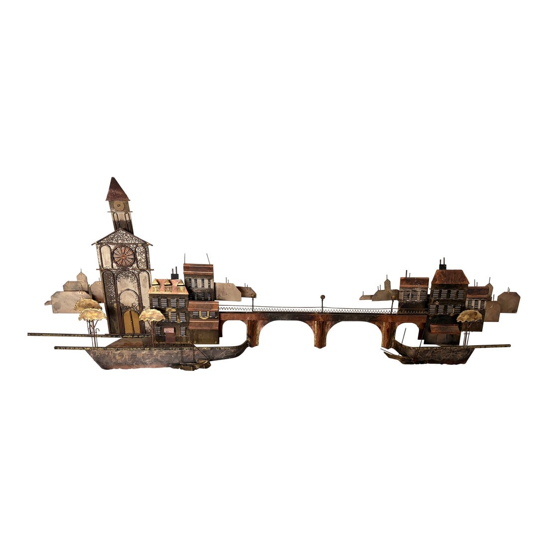 1970s Signed Curtis Jere Mid-Century Modern Brutalist Cityscape Bridge Wall Sculpture, Copper & Bras (1 of 11)
