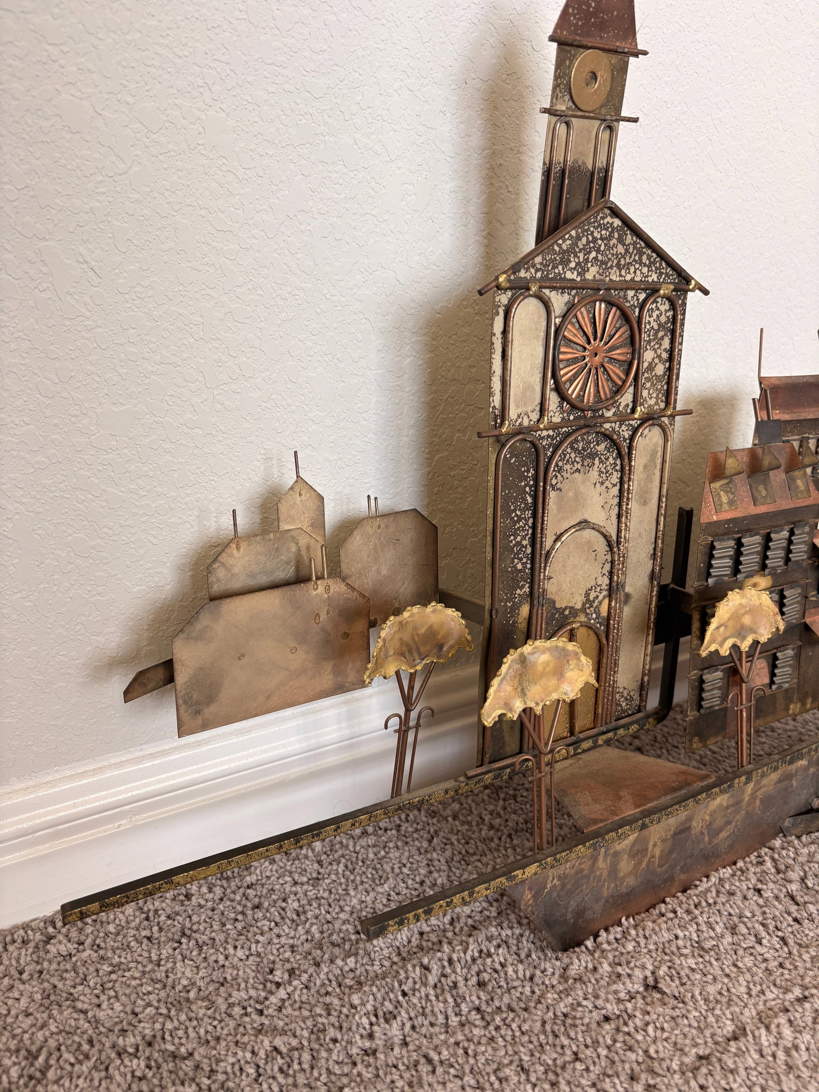 1970s Signed Curtis Jere Mid-Century Modern Brutalist Cityscape Bridge Wall Sculpture, Copper & Bras - 3