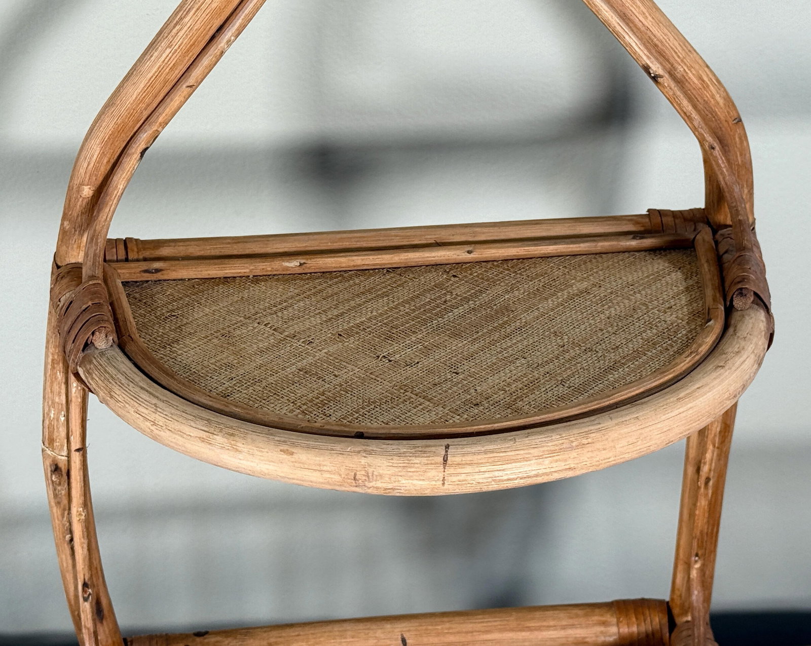 Vintage BoHo Mid Century Rattan Entry Wall Shelf W/ Hanging Basket Storage - 3