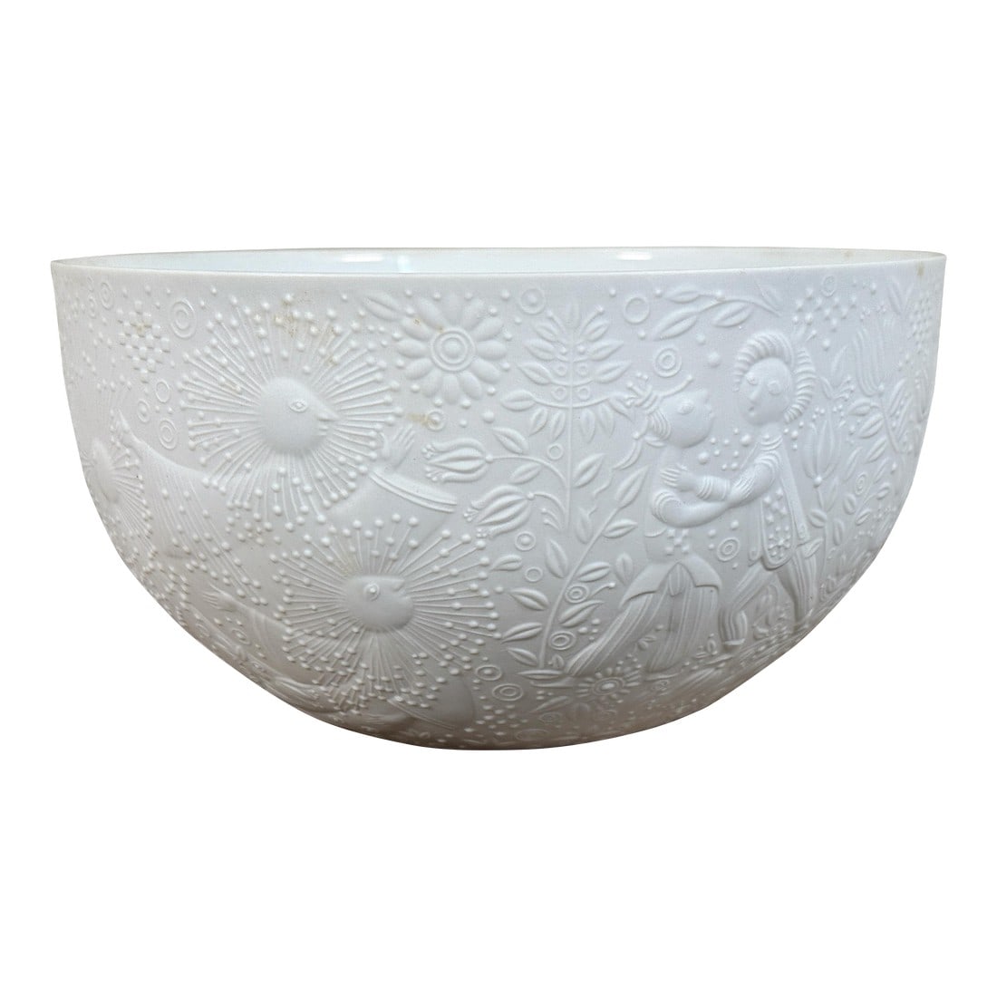 Rosenthal Studio Line Bjorn Wiinblad White Relief Porcelain Bowl Folklore Motif: Vintage Rosenthal Studio Linie porcelain bowl designed by BjÃ¸rn Wiinblad, featuring an allover matte white relief pattern with stylized figures, birds, florals, and geometric motifs