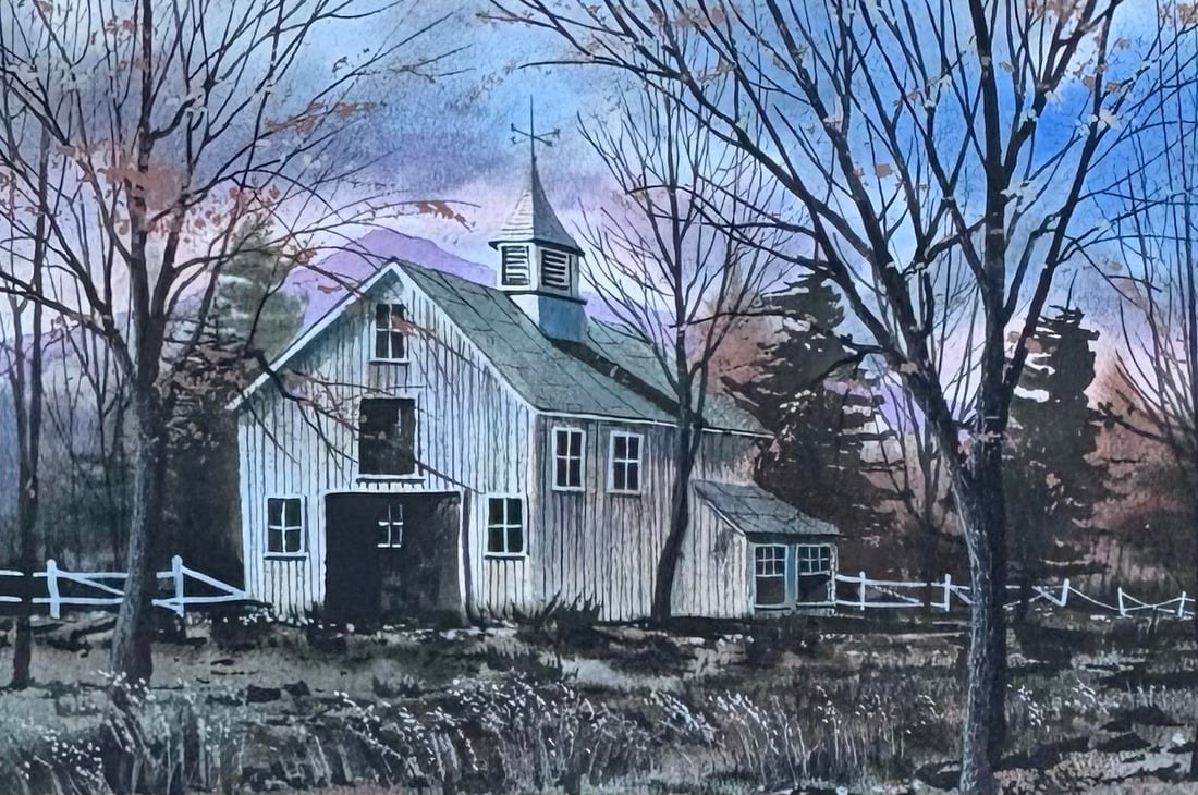 1990s Winter Landscape Barn Sunset Watercolor Painting By: Fambe? Framed, Linen Matting - 3