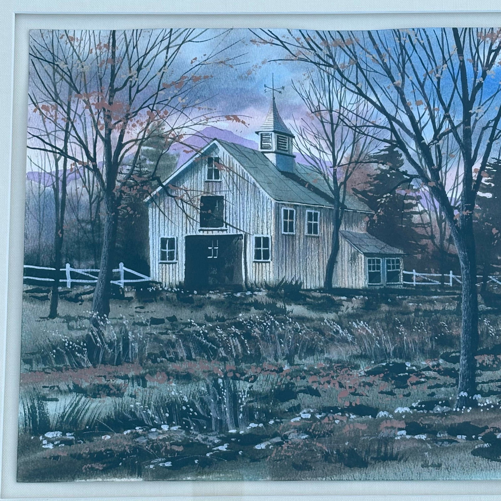 1990s Winter Landscape Barn Sunset Watercolor Painting By: Fambe? Framed, Linen Matting - 4