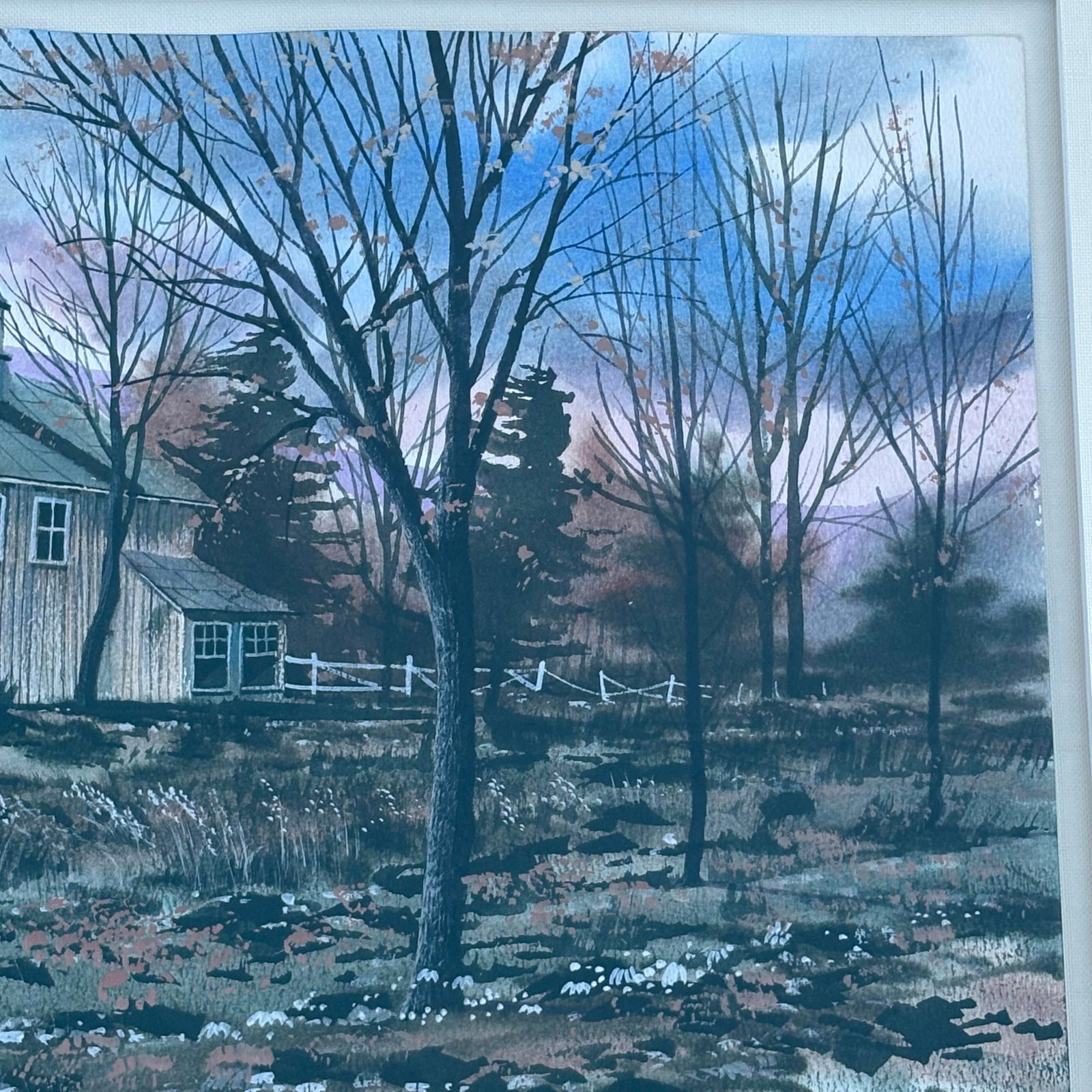 1990s Winter Landscape Barn Sunset Watercolor Painting By: Fambe? Framed, Linen Matting - 5