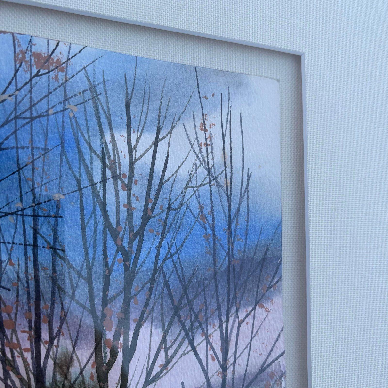 1990s Winter Landscape Barn Sunset Watercolor Painting By: Fambe? Framed, Linen Matting - 6