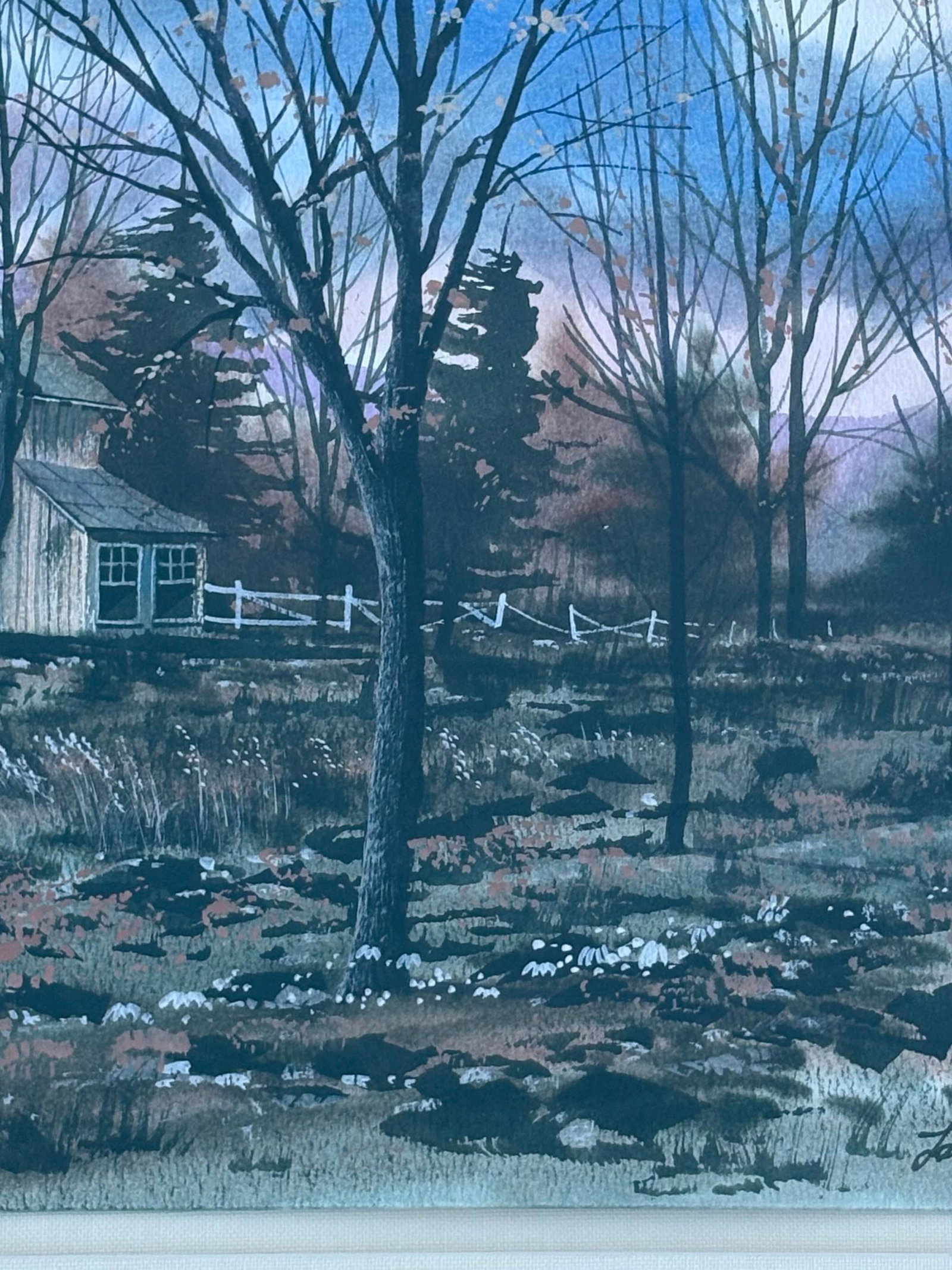 1990s Winter Landscape Barn Sunset Watercolor Painting By: Fambe? Framed, Linen Matting - 7