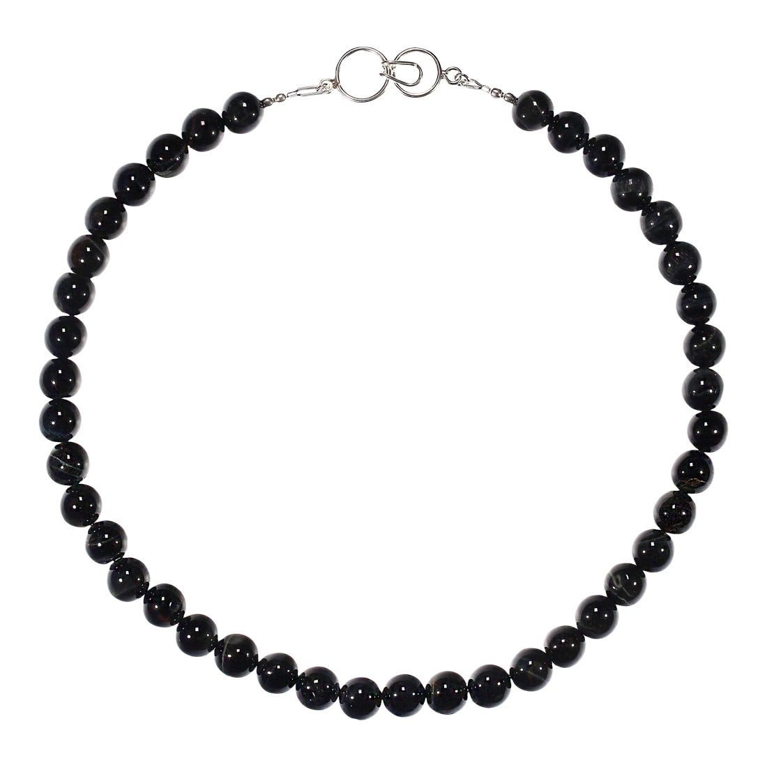 Ajd 17 Inch Optical Gray/Blue Tiger's Eye 10 MM Necklace: This 17"‘inch necklace showcases the captivating beauty of optical gray"‘blue Tiger's Eye, a gemstone known for its shifting bands of light and depth. Each 10"¯mm bead is highly
