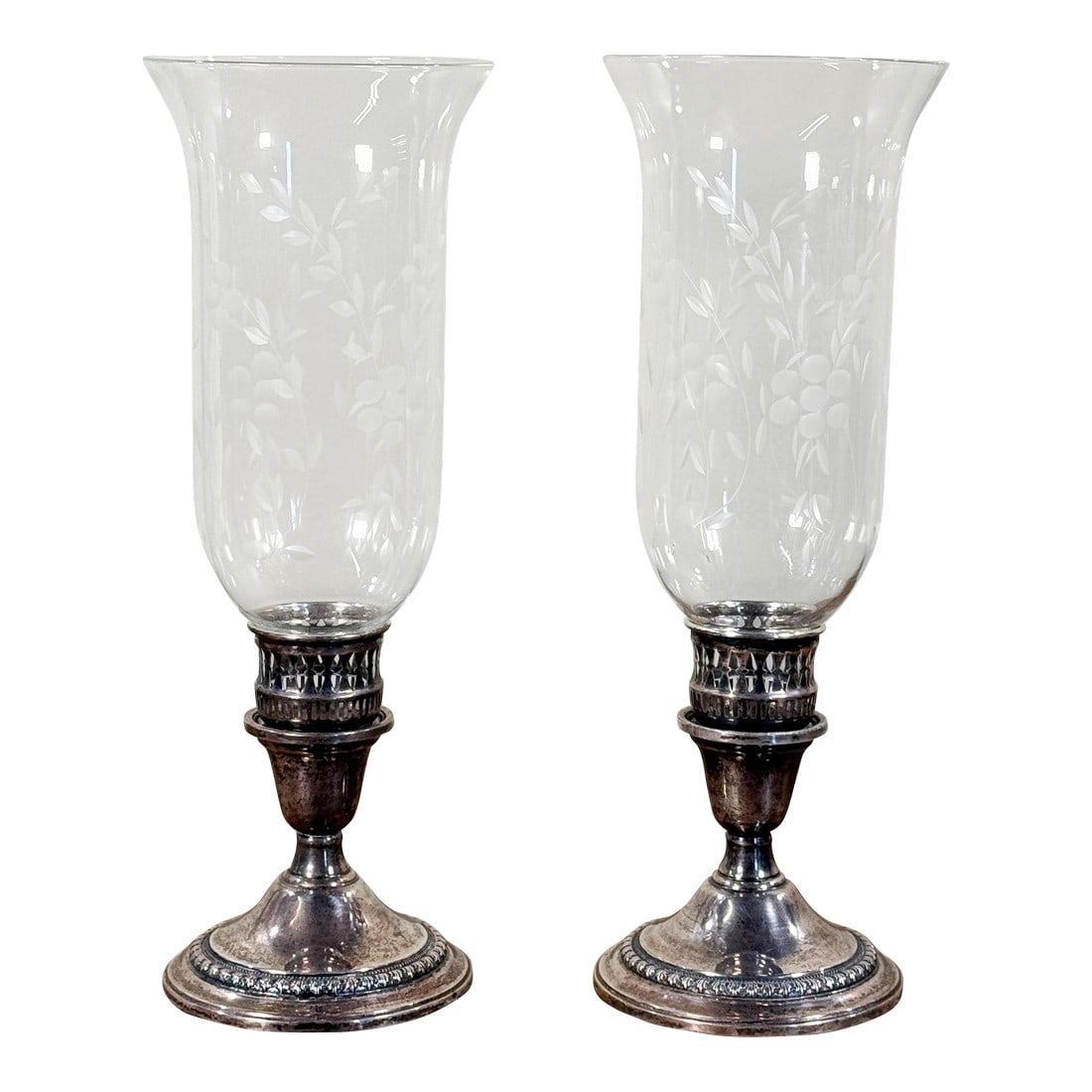 International Sterling Silver Etched Crystal Hurricane Candlesticks – A Pair (1 of 12)