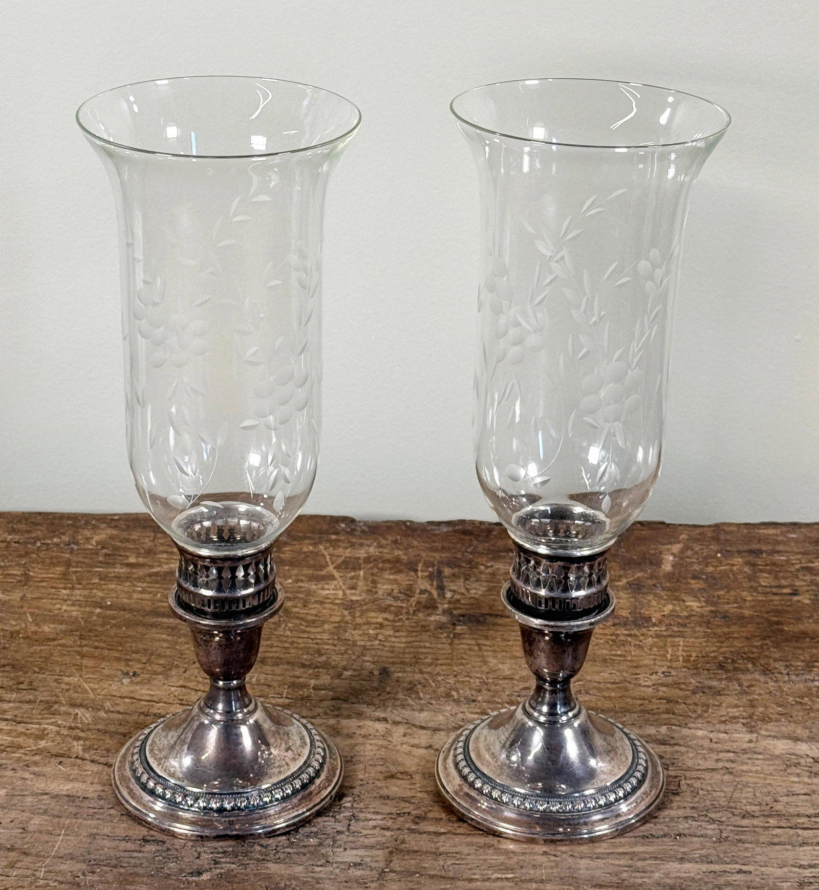 International Sterling Silver Etched Crystal Hurricane Candlesticks – A Pair - 2