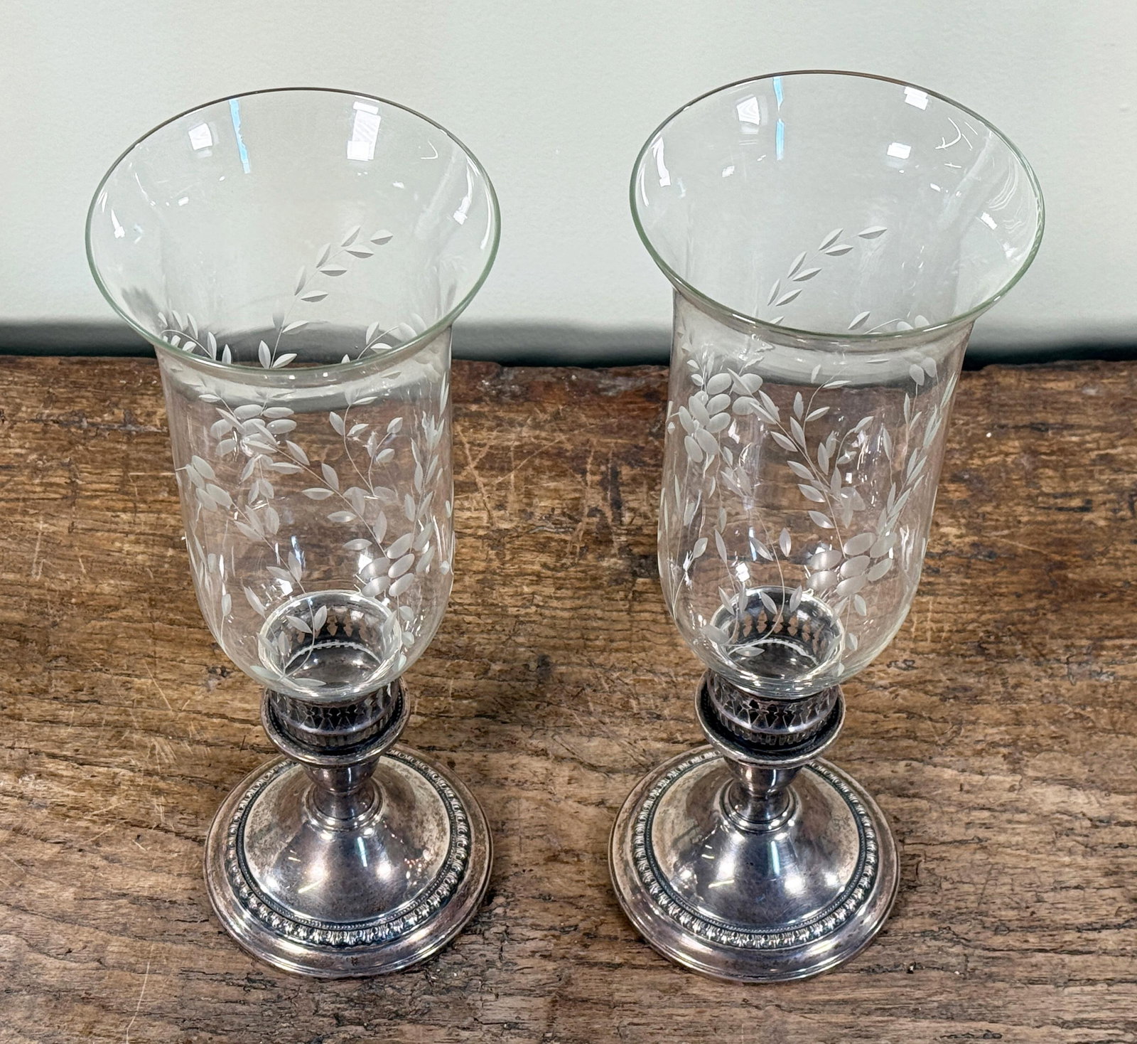 International Sterling Silver Etched Crystal Hurricane Candlesticks – A Pair - 6