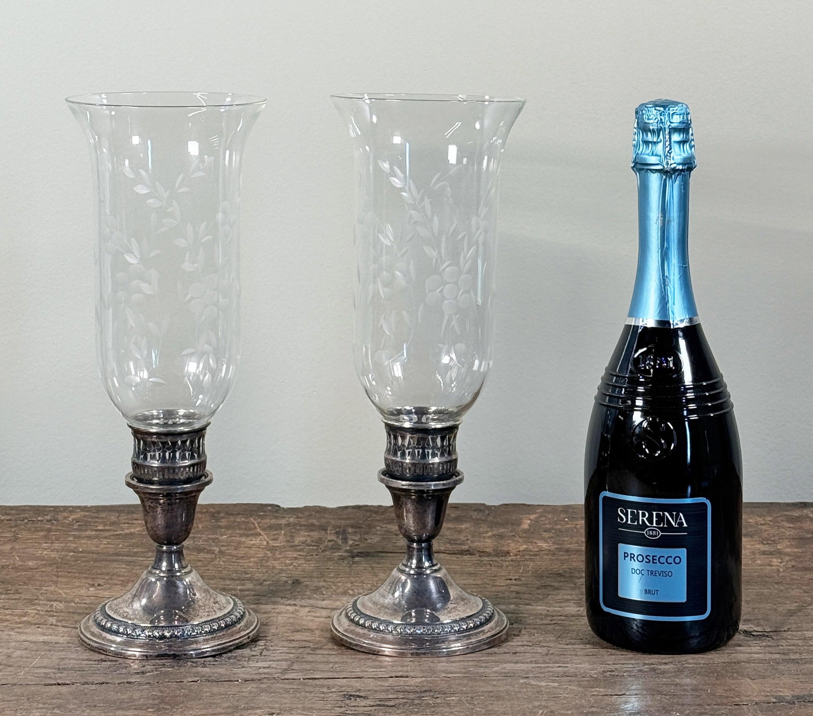 International Sterling Silver Etched Crystal Hurricane Candlesticks – A Pair - 8