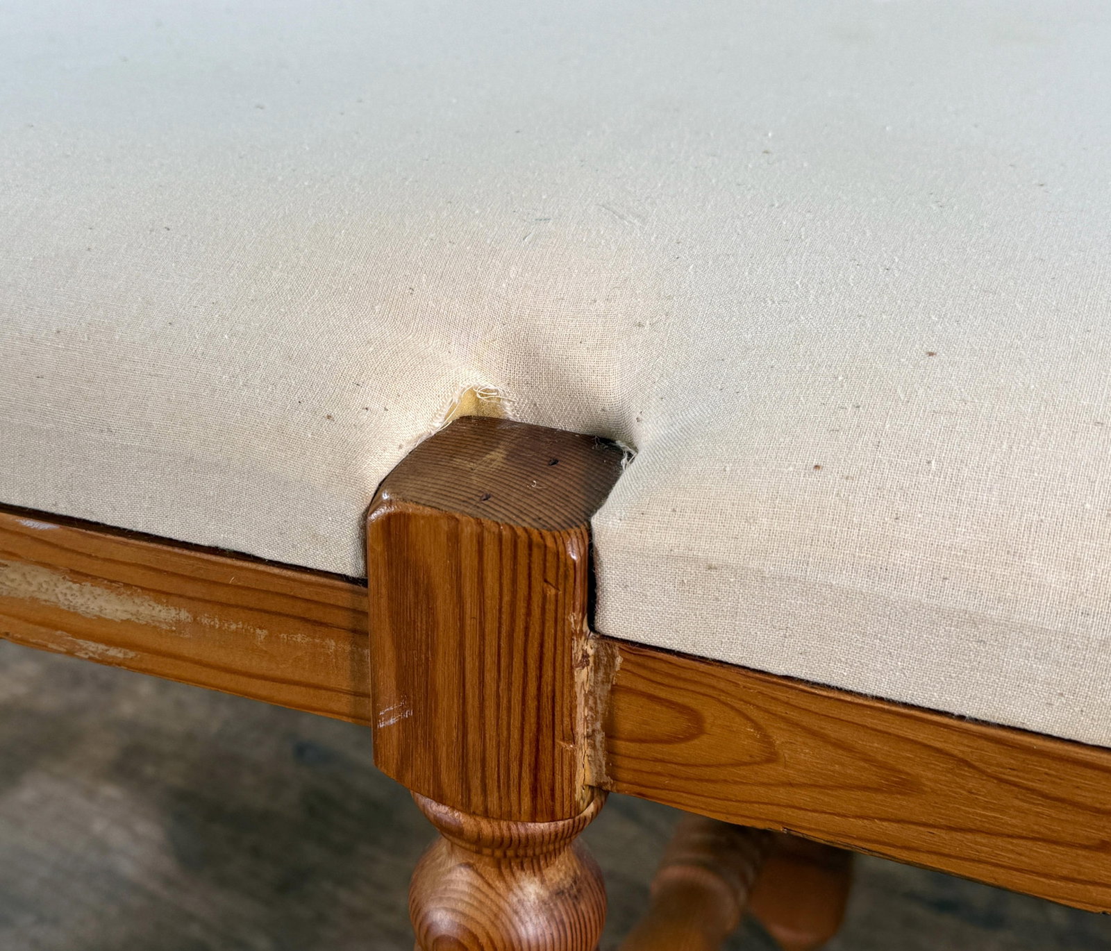 Vintage French Country Style Wood Upholstered Bench With Turned Legs - 12