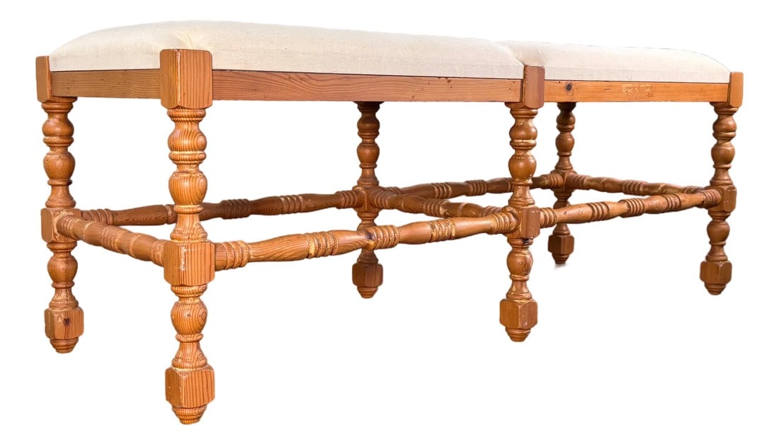Vintage French Country Style Wood Upholstered Bench With Turned Legs (1 of 12)