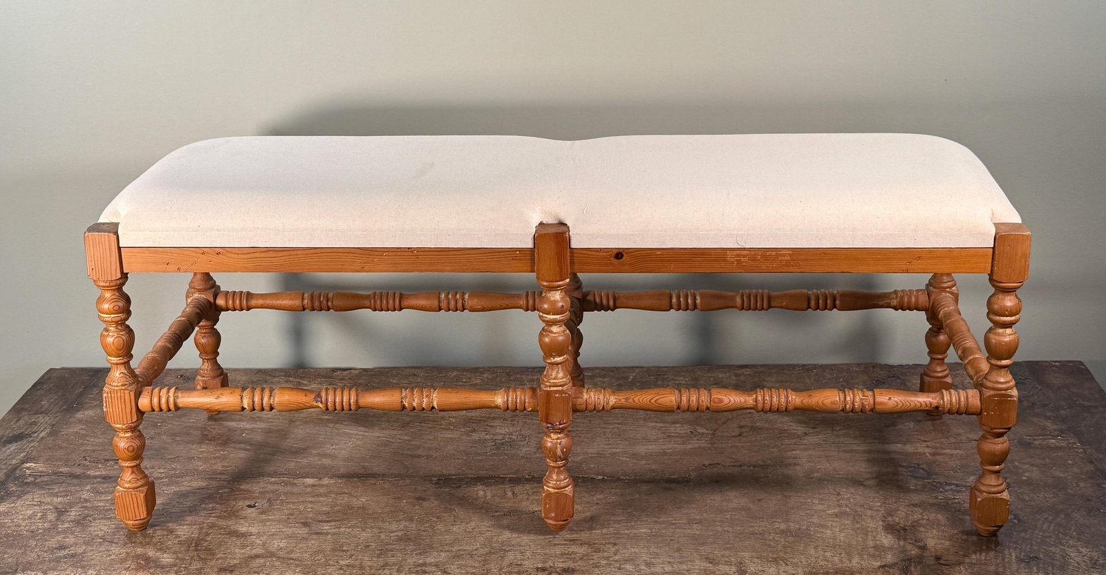Vintage French Country Style Wood Upholstered Bench With Turned Legs - 2