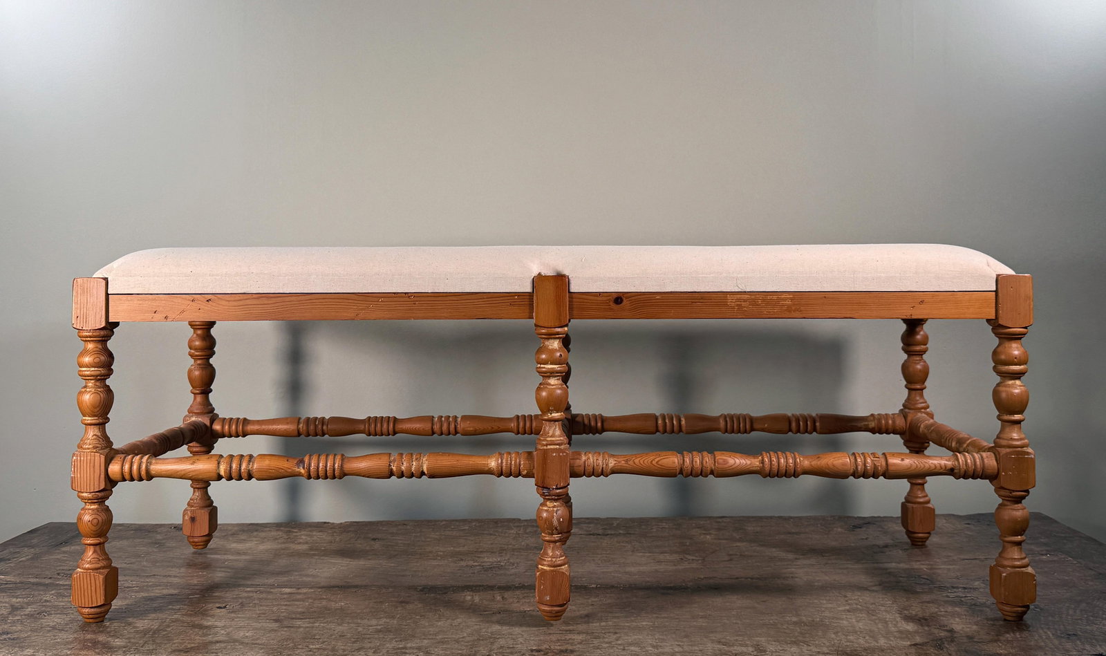 Vintage French Country Style Wood Upholstered Bench With Turned Legs - 4