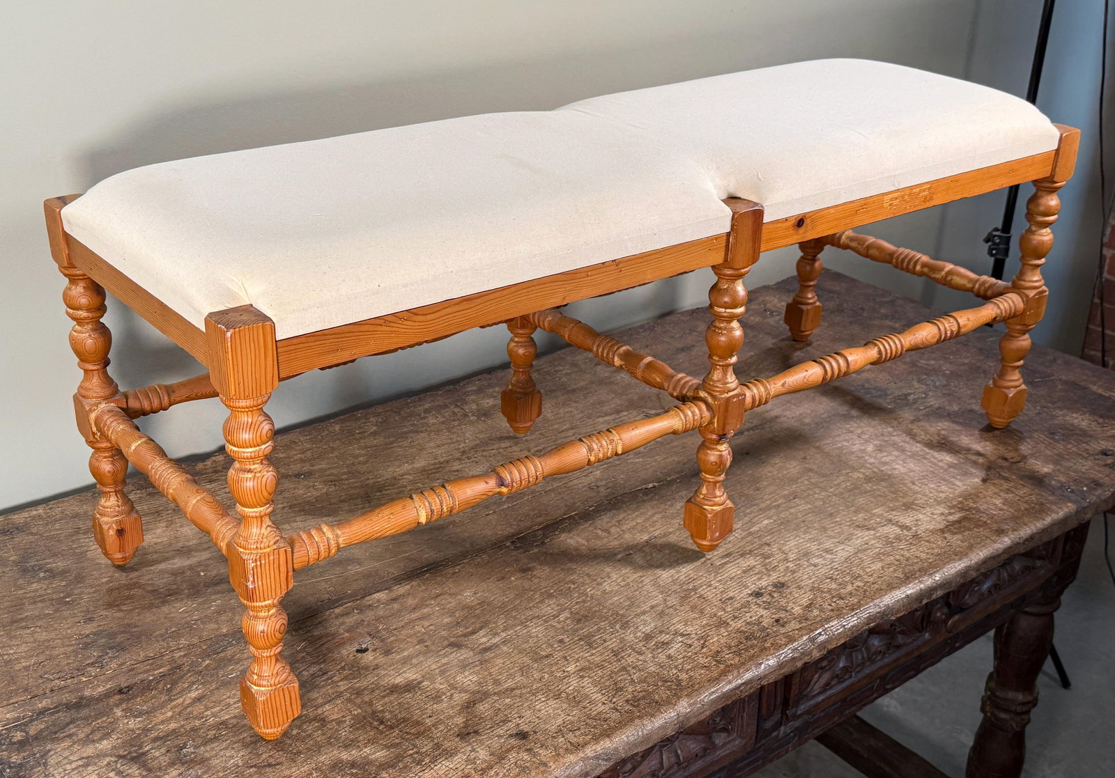 Vintage French Country Style Wood Upholstered Bench With Turned Legs - 6