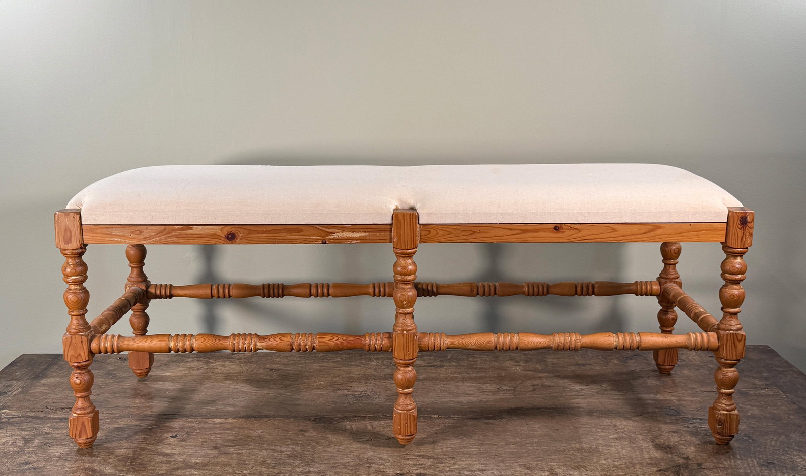 Vintage French Country Style Wood Upholstered Bench With Turned Legs - 7