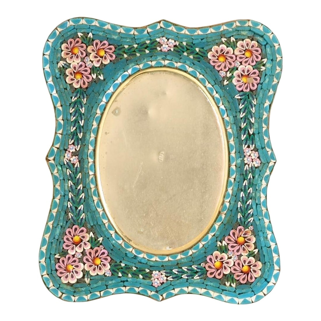 Rare Large Midcentury Italian Micromosaic Picture Frame for Neiman Marcus: A luminous midcentury Italian micromosaic picture frame, hand-set with thousands of glass tesserae in a vibrant turquoise ground accented by soft pink blossoms and leafy green detail. The palette is f