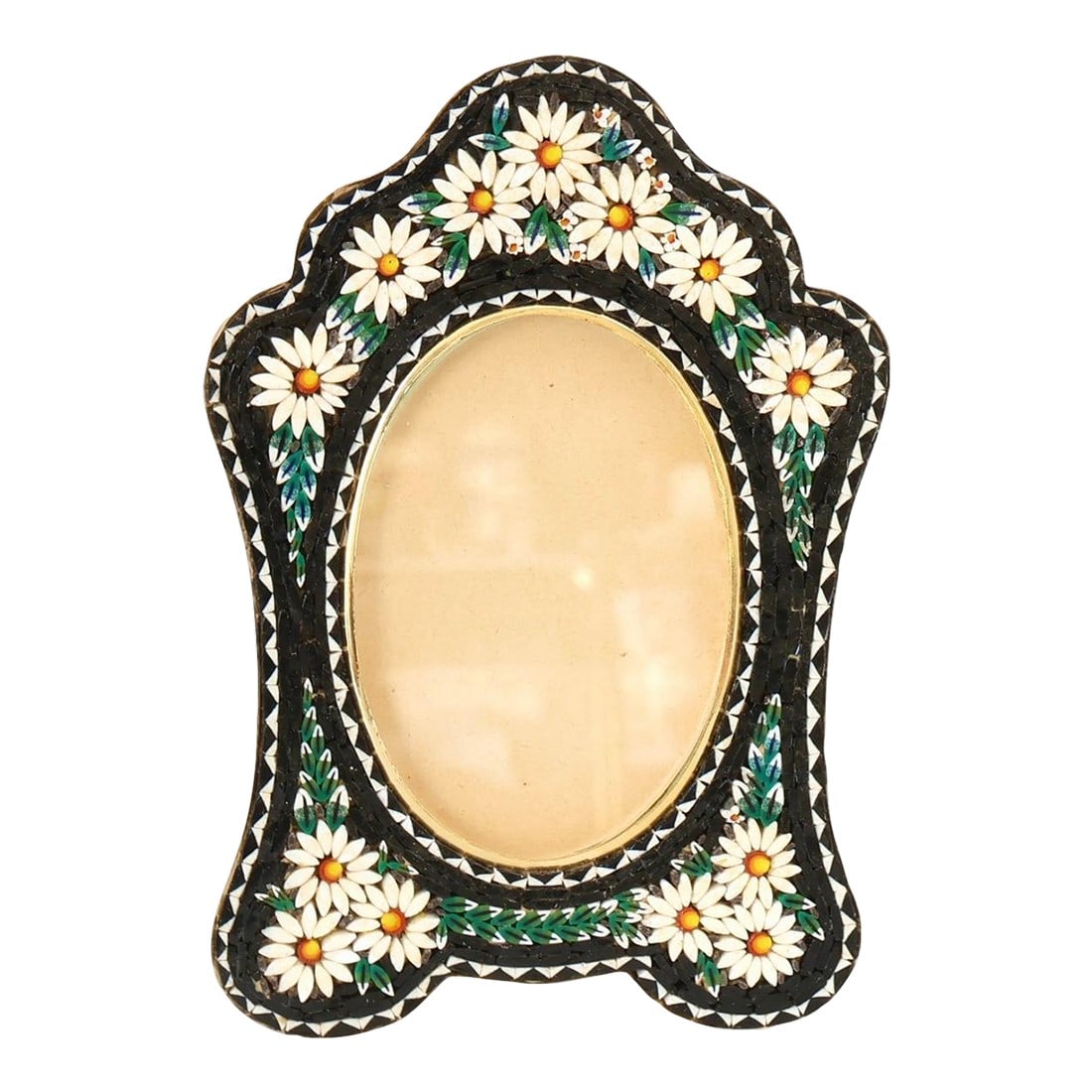 Midcentury Italian Micromosaic Picture Frame With Daisy Border: A striking midcentury Italian micromosaic picture frame, hand-set with thousands of glass tesserae in a bold black ground accented by white daisy blossoms, soft yellow centers, and emerald foliage. Th
