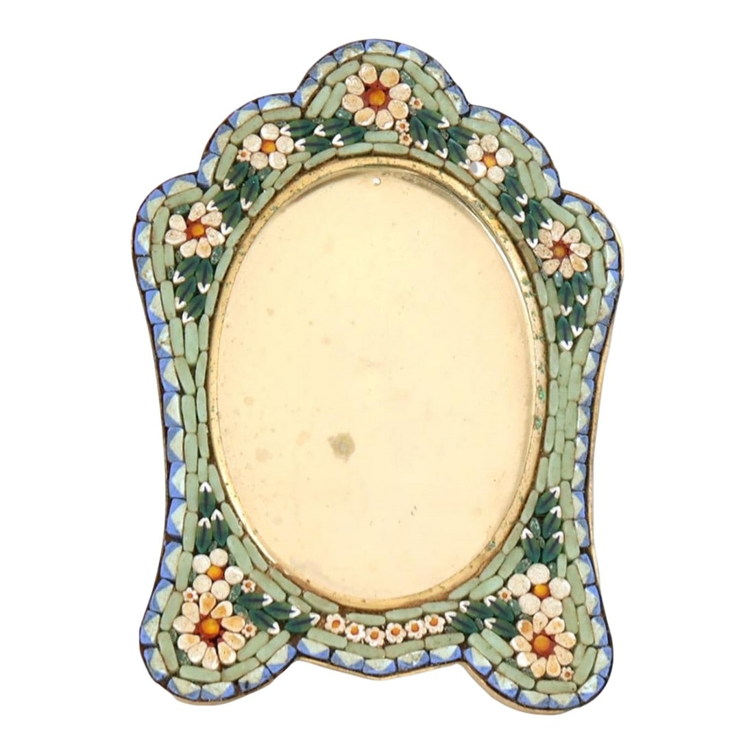 Large Midcentury Italian Micromosaic Picture Frame: An elegant Italian micromosaic picture frame featuring a softly contoured silhouette and a finely worked floral border in hand-set glass tesserae. The palette blends layered greens, pale blues, and wa