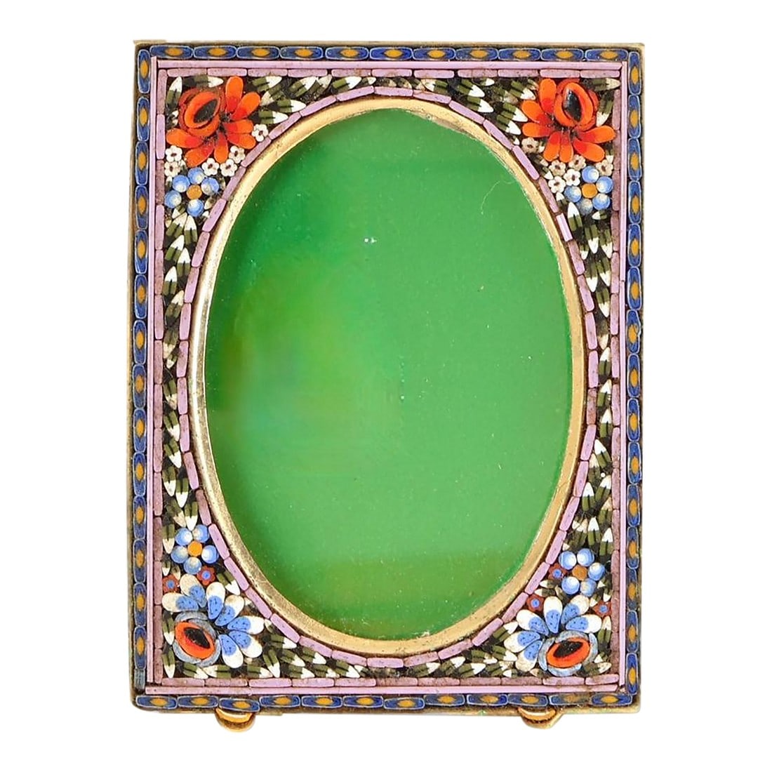 Midcentury Italian Micromosaic Picture Frame: An exceptional Italian micromosaic picture frame featuring vivid floral glass tesserae set against a rich cobalt and gold ground, centered by an elegant oval opening. The vibrant palette"”sapphi