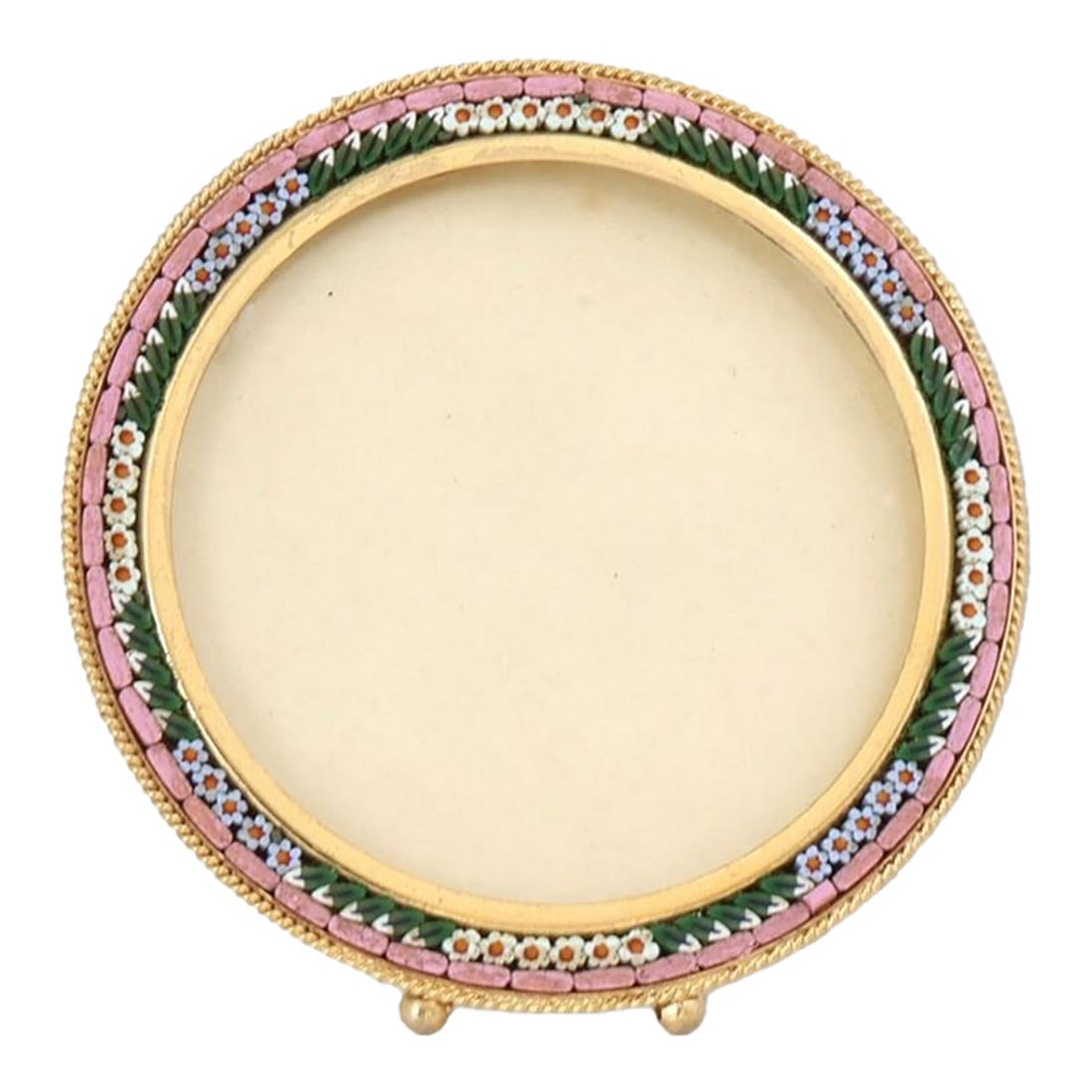 Midcentury Italian Micromosaic Round Picture Frame: This Italian micromosaic picture frame features finely arranged glass tesserae in soft pastel tones, encircling a generous round opening. The hand-laid mosaic border reflects Italy's long tradition