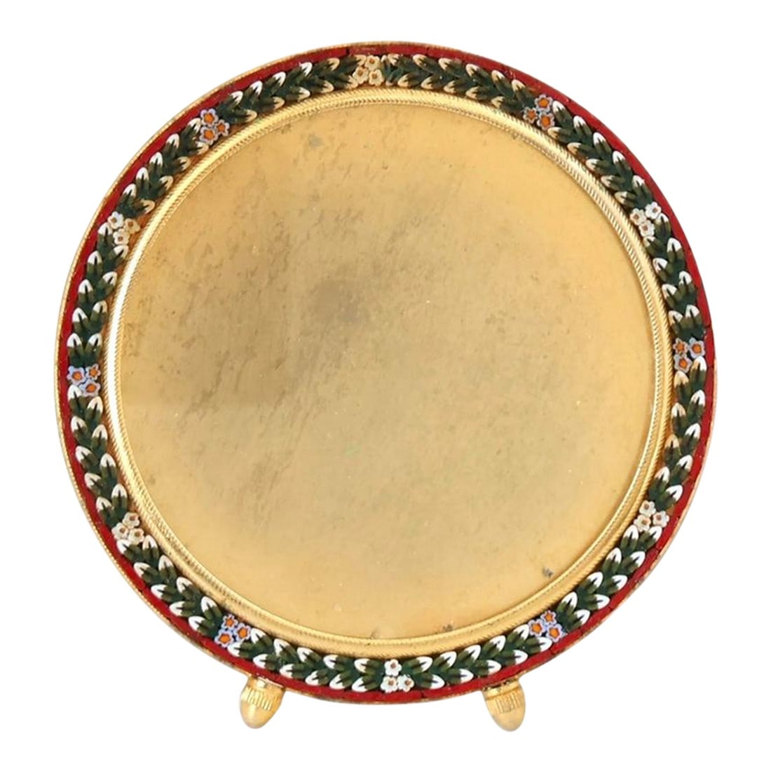 Midcentury Italian Micromosaic Round Picture Frame: A striking mid-20th-century Italian micromosaic picture frame, crafted with finely set glass tesserae in rich green and red tones surrounding a gilt metal center. The intricate border reflects the