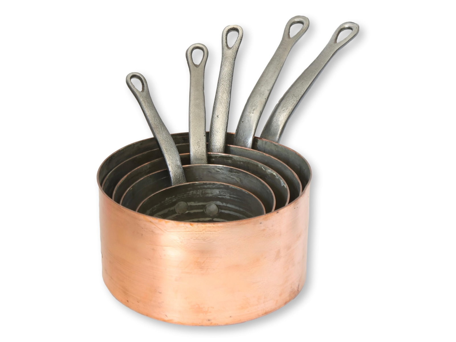 Graduated Set of Antique French Copper Saucepans with Iron Handles - 4