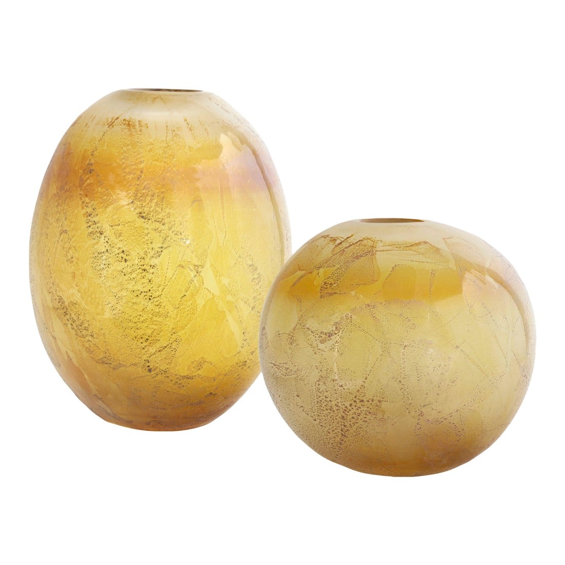 Italian Murano Style Encased Silver Foil Art Glass Vases, Pair: A striking pair of Italian art glass vases attributed to Murano, featuring encased metallic foil inclusions suspended within warm gold and pale amber glass. These heavy, sculptural vessels were
