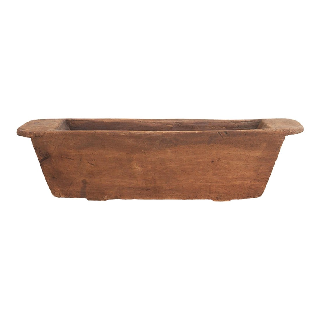 32" Long Rustic Farmhouse Dough Trough: Carved from a single, massive log of hardwood, this antique wooden trough was likely originally used in a village setting for feeding livestock or kneading large batches of dough. It is defined by