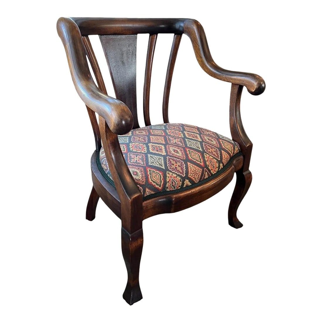 Early 20th Century Empire Scroll Chair in the Fashion of Muelller: A refined Empire-style scroll armchair crafted in richly patinated mahogany, executed in the fashion of Mueller. The chair features bold rolled arms, an architectural open back, and elegantly shaped l