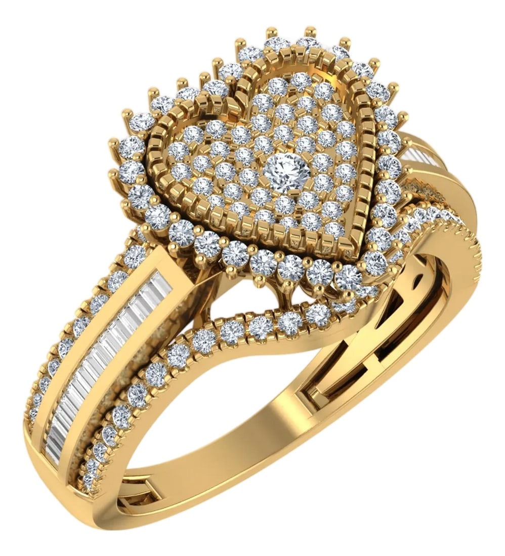 10K Yellow Gold Round Baguette Diamond Heart Shape Sz 7 Designer Ladies Ring 3/4 Cttw: Golden Love: 10K Yellow Gold & 3/4 Cttw Heart-Shape Diamond RingA Warm Expression of DevotionCapture the essence of romance with this 10K yellow gold designer heart ring. Featuring 3/4 Cttw of