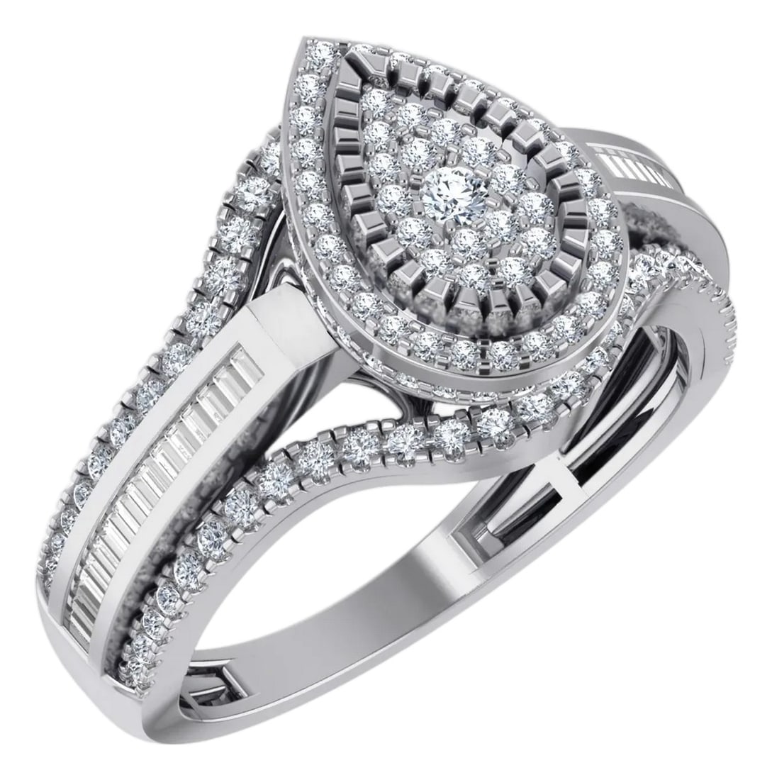 10K White Gold Round Baguette Diamond Pear Shape Sz 7 Designer Ladies Ring 3/4 Cttw: Icy Pear: 10K White Gold & 3/4 Cttw Pear-Shape Diamond RingSophisticated Brilliance in Every FacetExperience the elegant allure of the pear-shape with this 10K white gold designer ring. Boasting 3/4