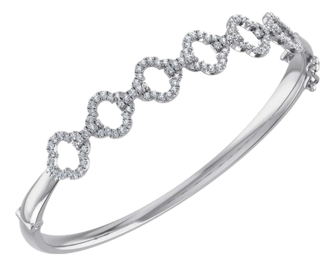 10K White Gold Round Diamond Designer Bangle Bracelet 1 Cttw: Modern Structure: 10K White Gold & 1 Cttw Diamond Designer BangleSleek Symmetry and Unmatched BrillianceRedefine your wristwear with this 10K white gold designer bangle. Boasting 1 Cttw of precision-s