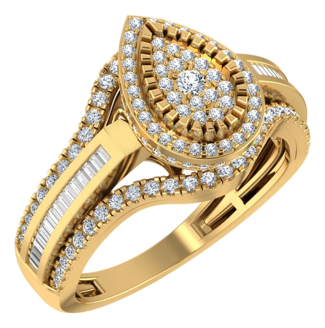 10K Yellow Gold Round Baguette Diamond Pear Shape Sz 7 Designer Ladies Ring 3/4 Cttw (1 of 3)