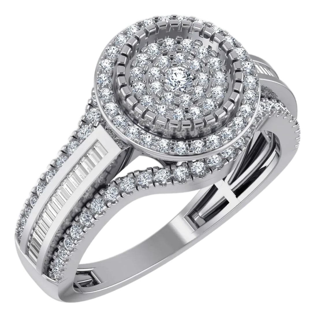 10K White Gold Round Baguette Diamond Halo Sz 7 Designer Ladies Ring 7/8 Cttw, Size 7: Ethereal Halo: 10K White Gold & 7/8 Cttw Diamond Ladies RingA Circle of Infinite SparkleCaptivate the room with this 10K white gold designer halo ring. Featuring 7/8 Cttw of diamonds, this ring
