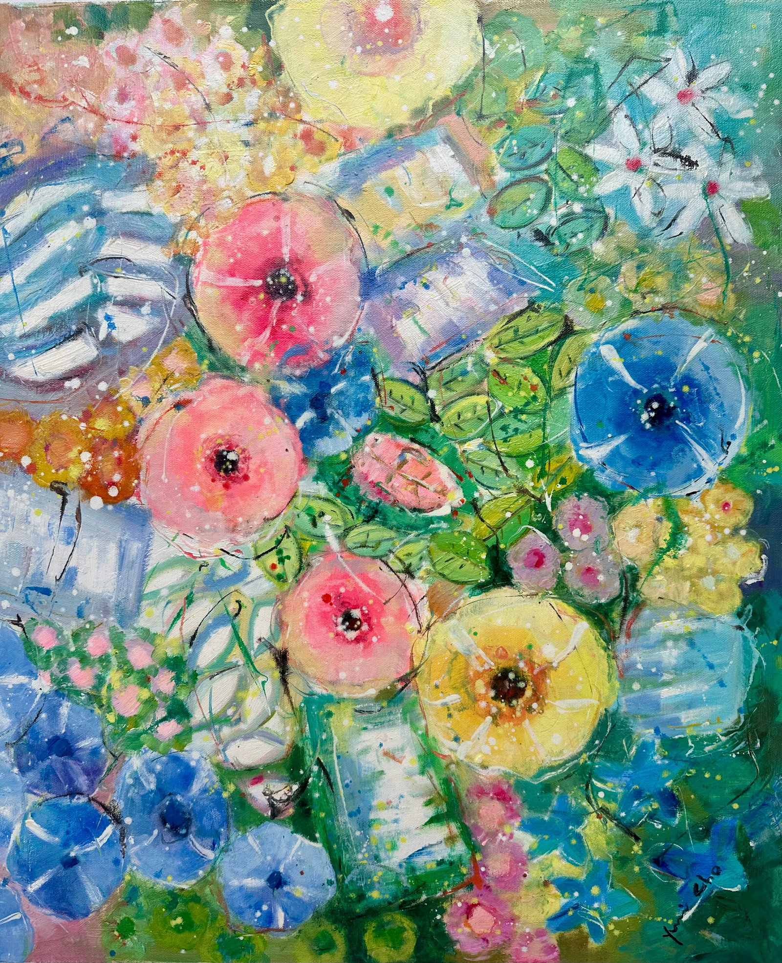 Modern Abstract Floral Painting on Canvas, 20 X 24, Unstretched, by Youn Cho - 2