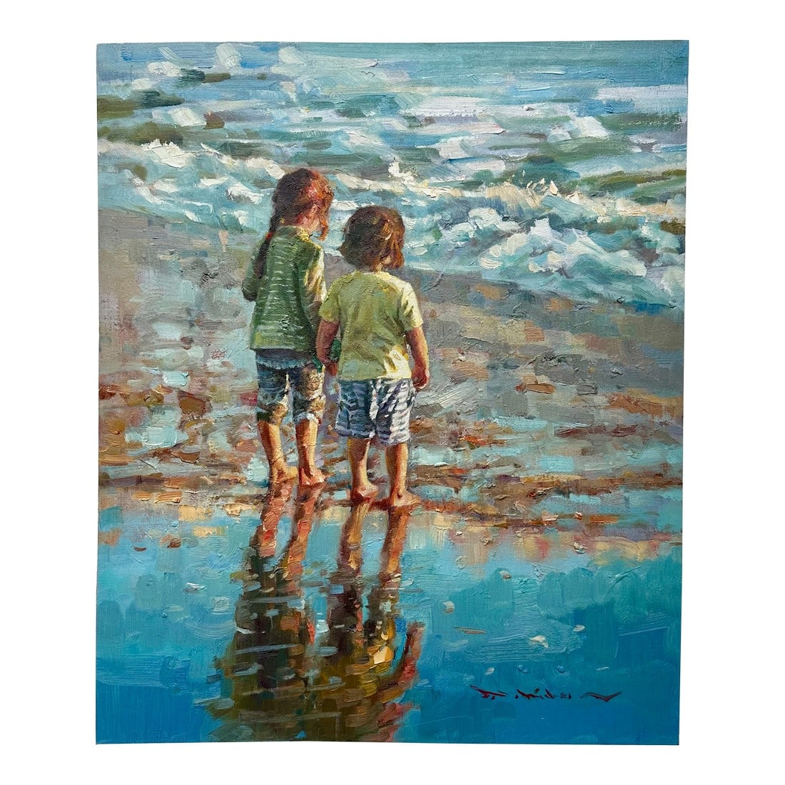 Children at the Seashore" Original Oil Painting - Contemporary Impressionist Beach Scene, Unstretche: Original oil on unstretched canvas, measuring 20" x 24". Signed by artist M. Dai, circa 2024. Dai uses an impressionistic style, capturing a tender moment of two young children standing at the