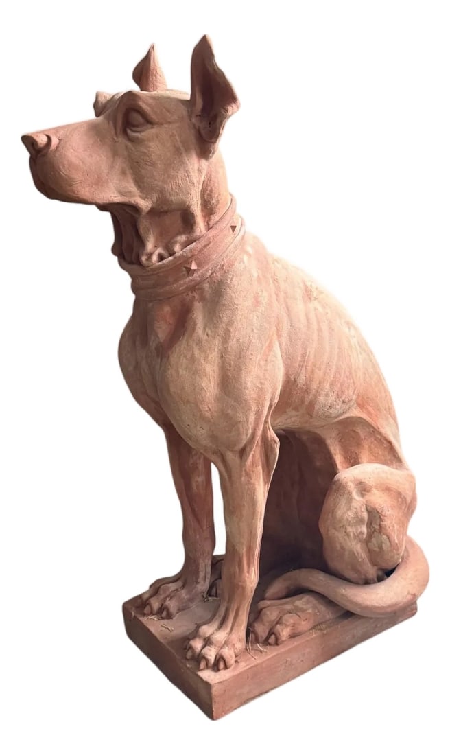 Italian Terracotta Dog Statue: Large-scale terracotta Great Dane dog statue crafted in Italy with impressive detail and sculptural presence. Designed for durability, this piece is weather-resistant to temperatures as low as