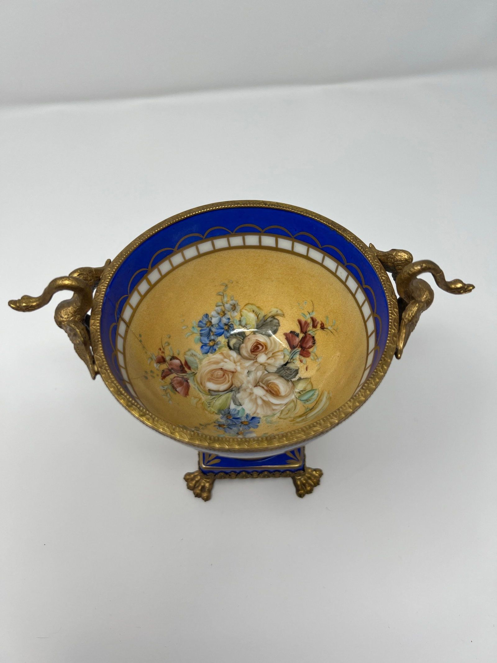Mid 20th Century French Limoges Neoclassical Porcelain Urn With Gilt Bronze Swan Handles - 10