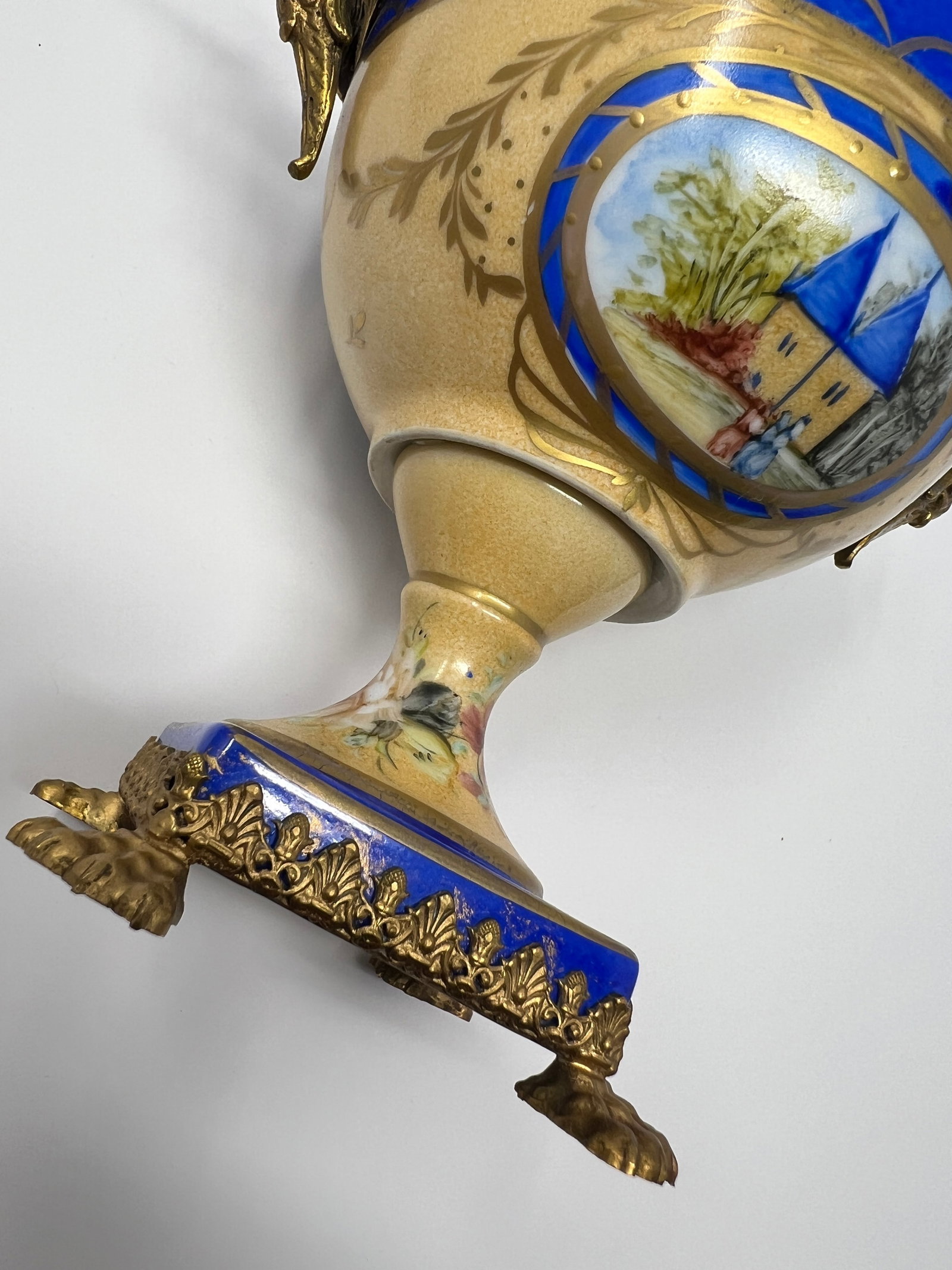 Mid 20th Century French Limoges Neoclassical Porcelain Urn With Gilt Bronze Swan Handles - 12