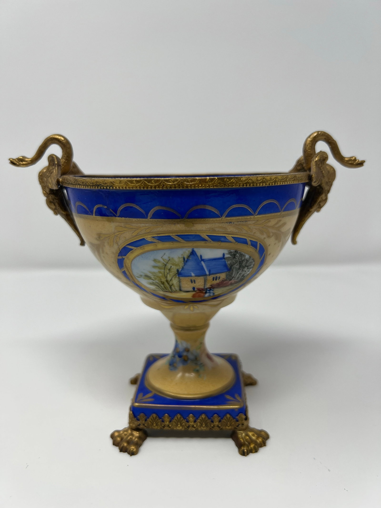 Mid 20th Century French Limoges Neoclassical Porcelain Urn With Gilt Bronze Swan Handles - 2