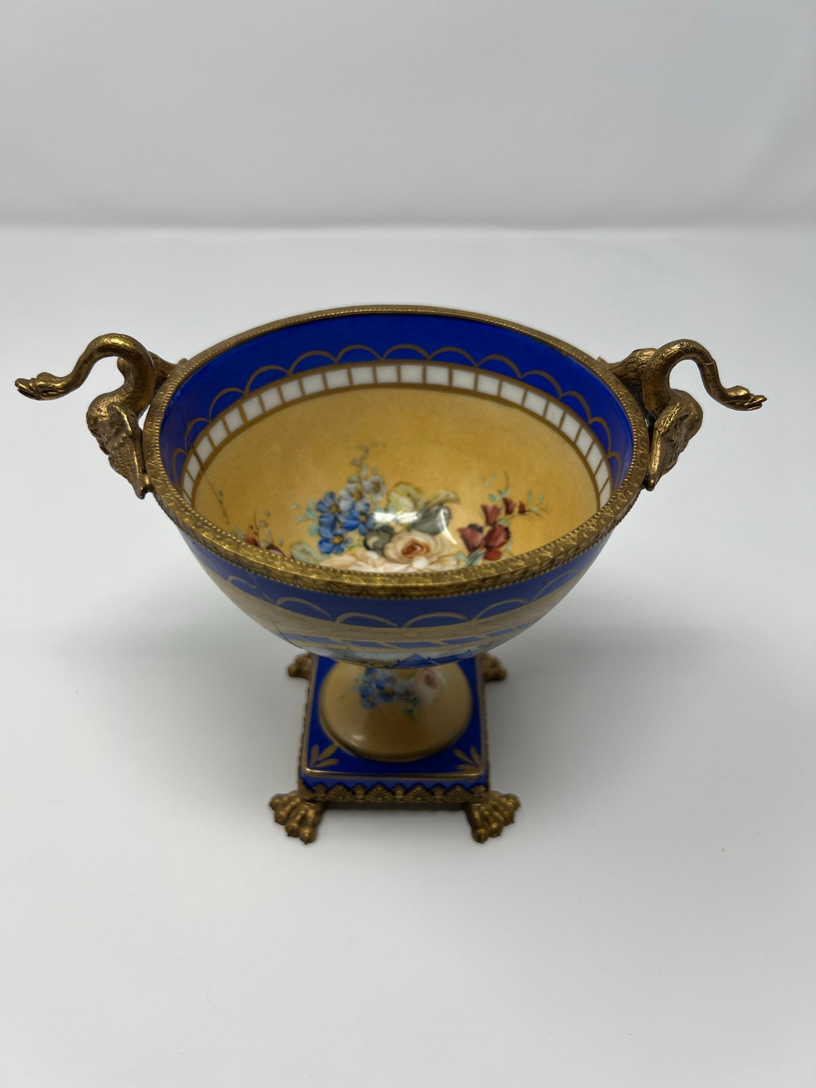 Mid 20th Century French Limoges Neoclassical Porcelain Urn With Gilt Bronze Swan Handles - 3