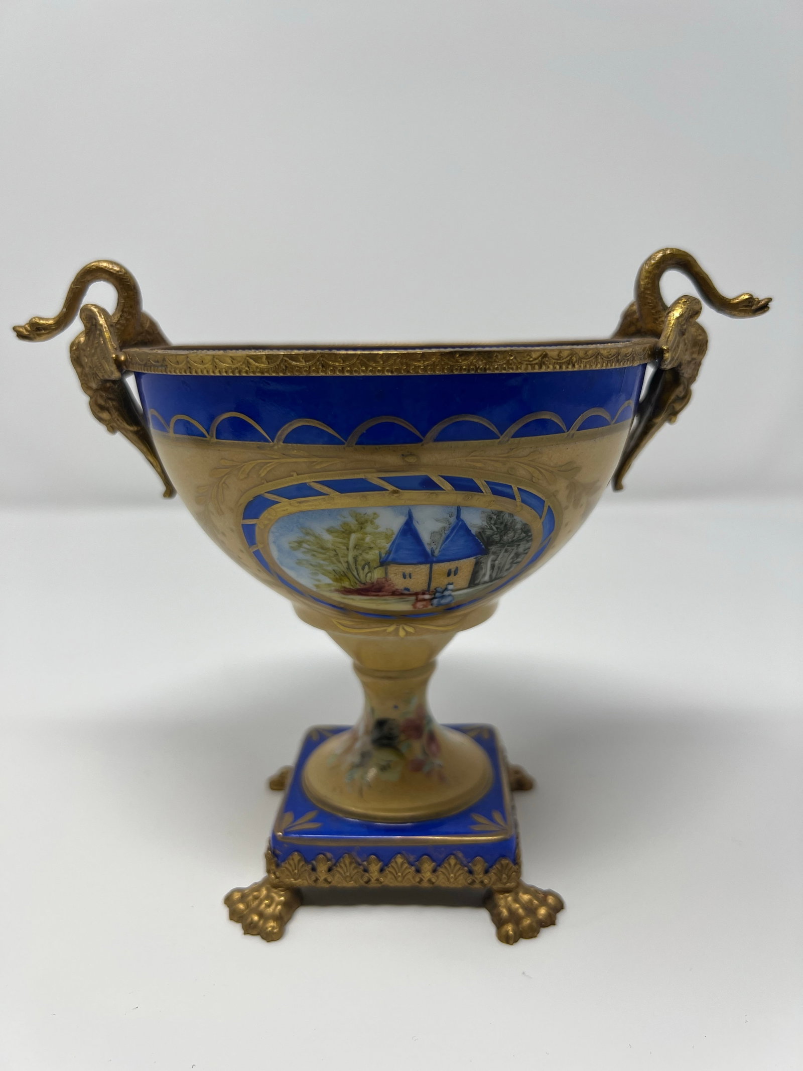 Mid 20th Century French Limoges Neoclassical Porcelain Urn With Gilt Bronze Swan Handles - 5