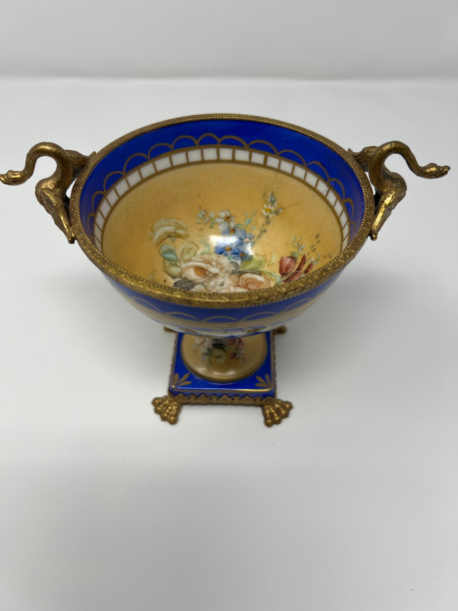 Mid 20th Century French Limoges Neoclassical Porcelain Urn With Gilt Bronze Swan Handles - 6