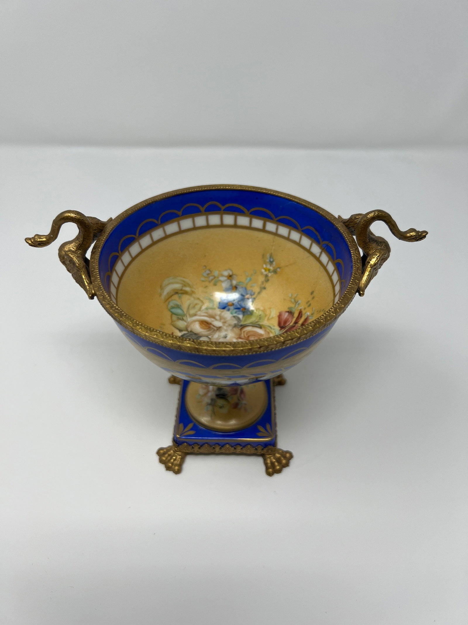 Mid 20th Century French Limoges Neoclassical Porcelain Urn With Gilt Bronze Swan Handles - 7