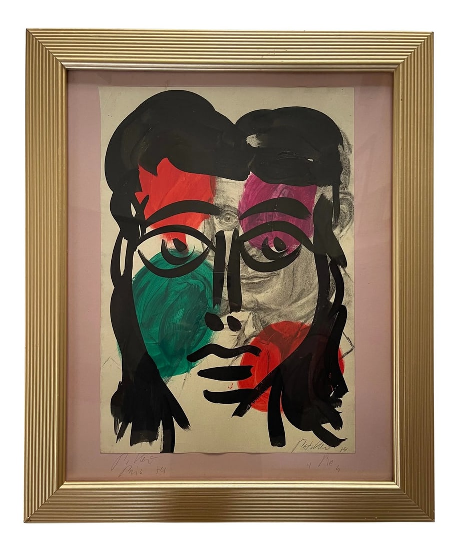 1970s "Me" Abstract Expressionist Artist Portrait Acrylic Painting by Peter Keil, Framed: Peter Keil is a German artist that focuses primarily on abstract expressionism. Keil painted with some of the greats including Joan MirÃ³, Pablo Picasso and Andy Warhol, to name a few. This