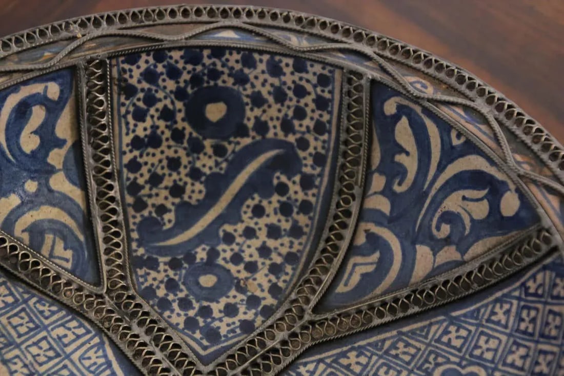 Moroccan Blue Ceramic Dish Bowl Adorned With Silver Filigree From Fez - 11