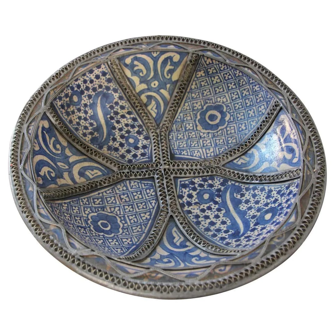 Moroccan Blue Ceramic Dish Bowl Adorned With Silver Filigree From Fez - 12