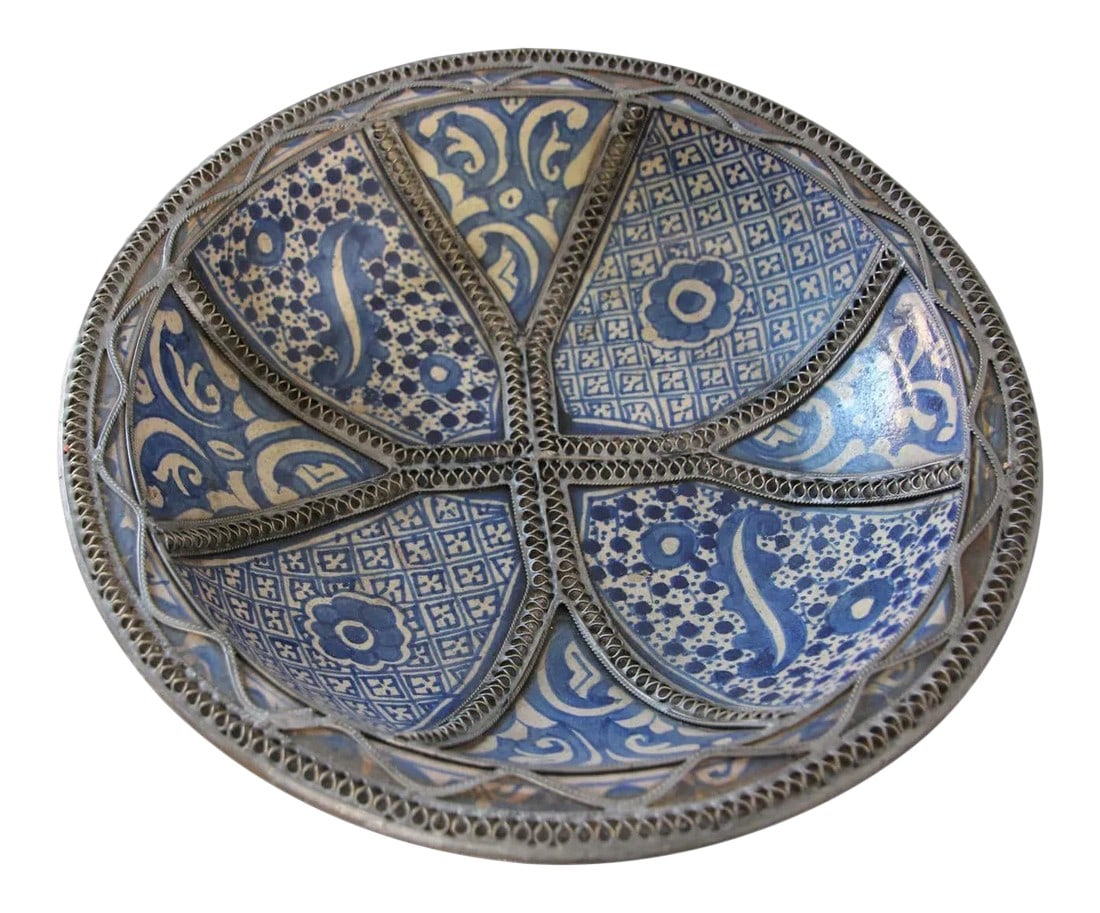 Moroccan Blue Ceramic Dish Bowl Adorned With Silver Filigree From Fez: Handcrafted Moorish Moroccan Bleu de Fez decorative ceramic Bowl, dish. Ceramic bowl in Bleu de Fez, very nice designs hand painted by artist in Fez. Geometrical and floral Moorish designs and
