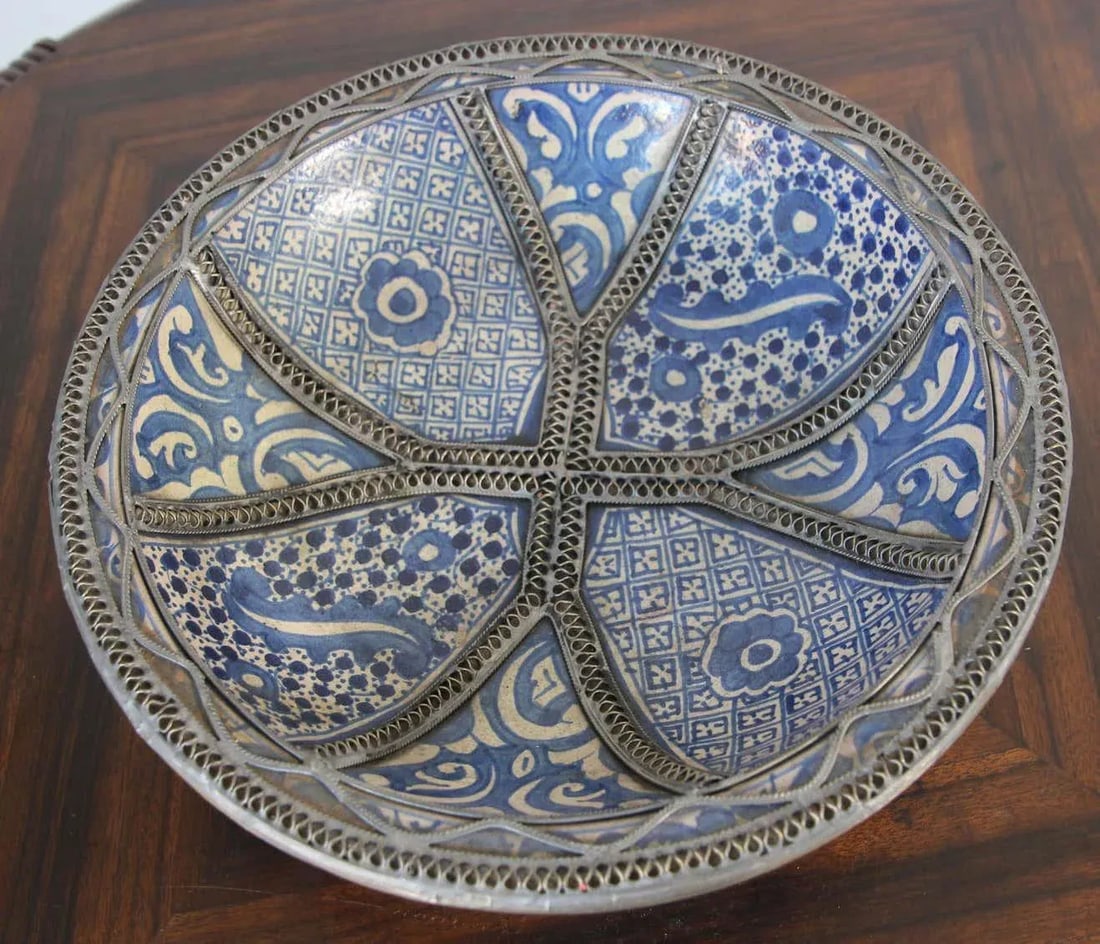 Moroccan Blue Ceramic Dish Bowl Adorned With Silver Filigree From Fez - 5